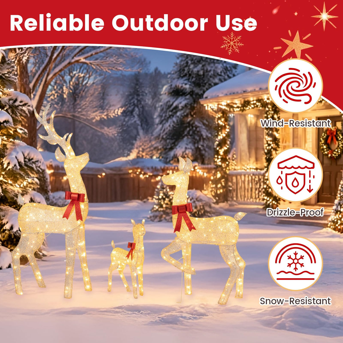 3-Piece Lighted Golden Christmas Reindeer Family Set with 280 Warm Yellow LED Lights
