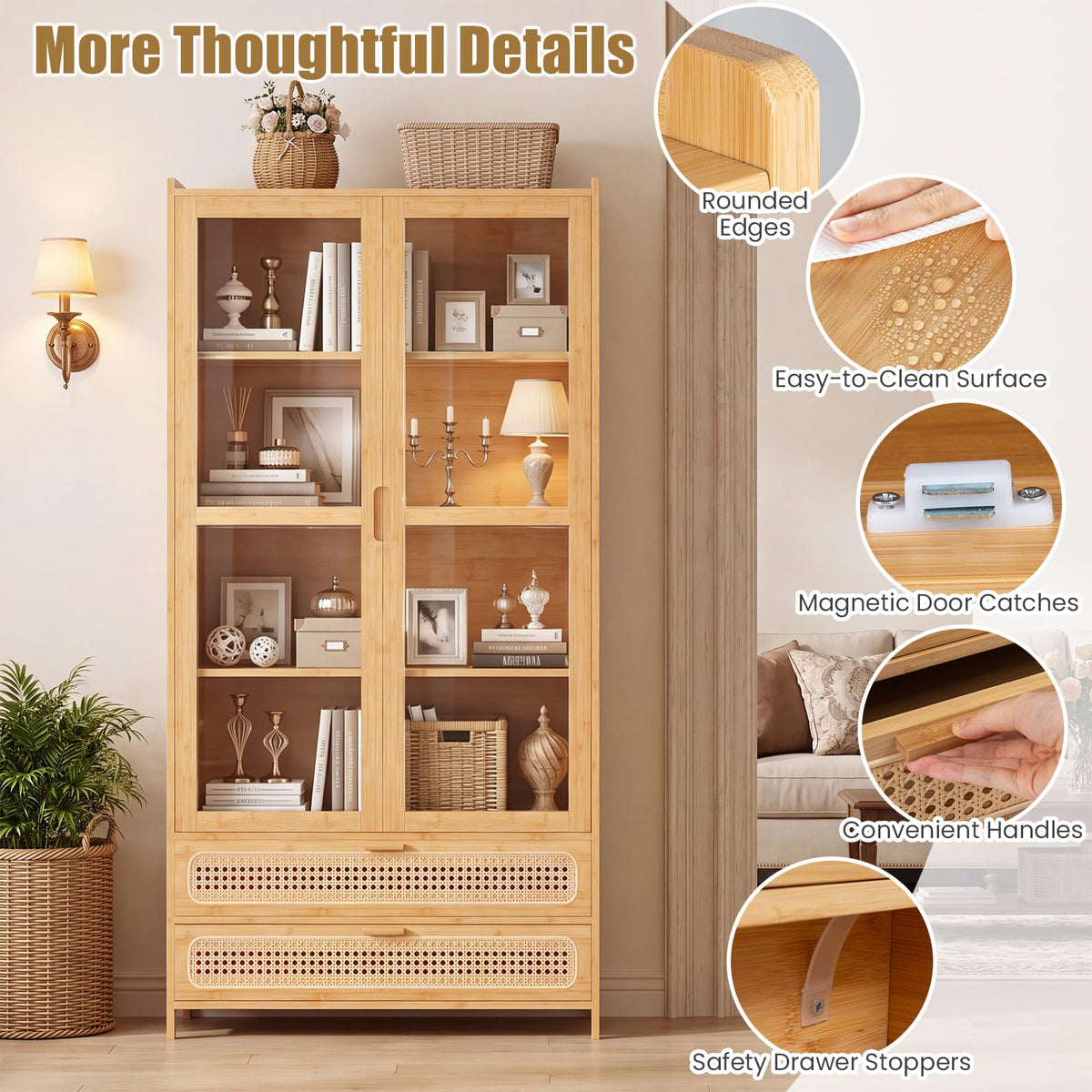Giantex 138.5 cm Bamboo Bookshelf w/ 2 Acrylic Doors, 4 Shelves & 2 Drawers