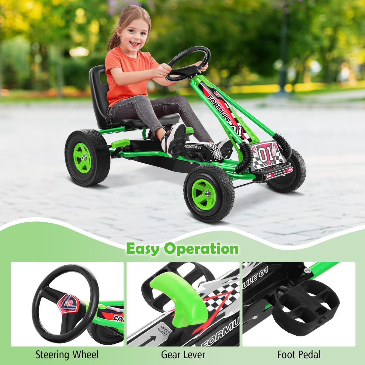Kids Ride On Pedal Go Kart with Steering Wheel for Boys and Girls 3-8 Years Old