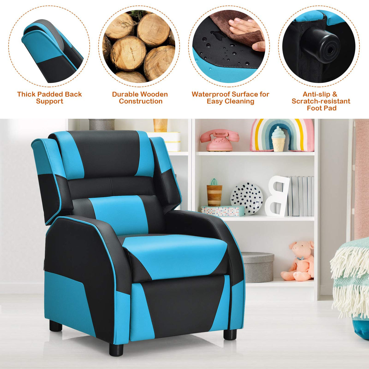 Kids Recliner Chair, Adjustable Recliner Sofa w/Footrest, Headrest & Lumbar Support, w/ Padded Seat, Blue & Black