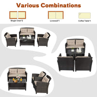 4 Pieces Outdoor Rattan Furniture Set, Patio Wicker Conversation Sofa w/Chairs, Tempered Glass Coffee Table & Soft Cushions