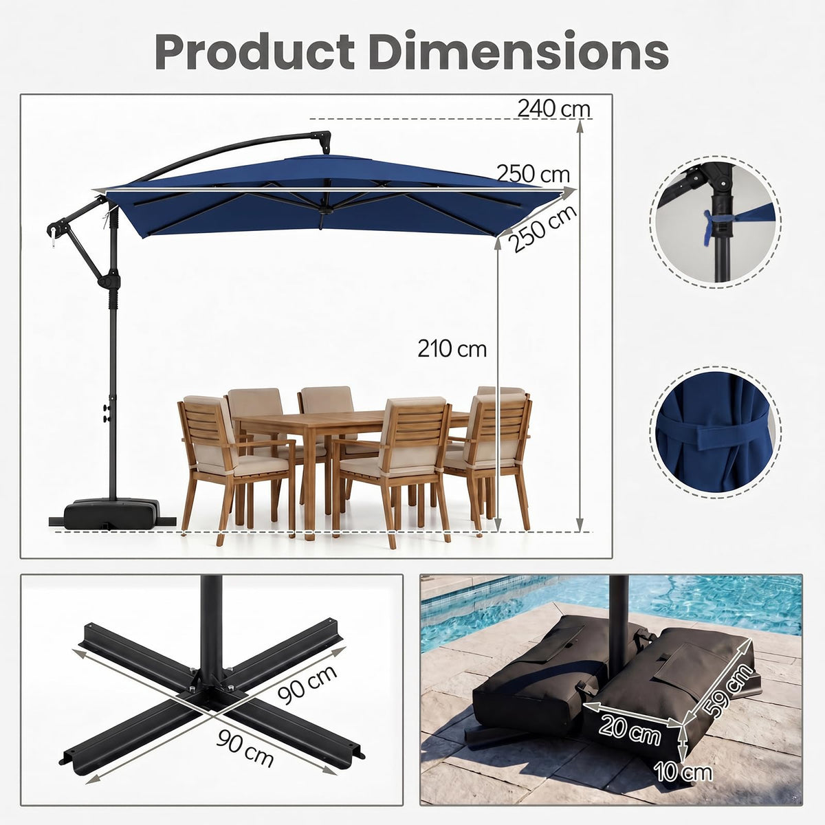 2.8M Patio Umbrella with Weighted Base Sandbags and Push Button Tilt for Garden