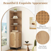 PE Rattan Corner Cabinet 172 cm Tall Corner Bookcase with 2 Doors and 4 Open Shelves