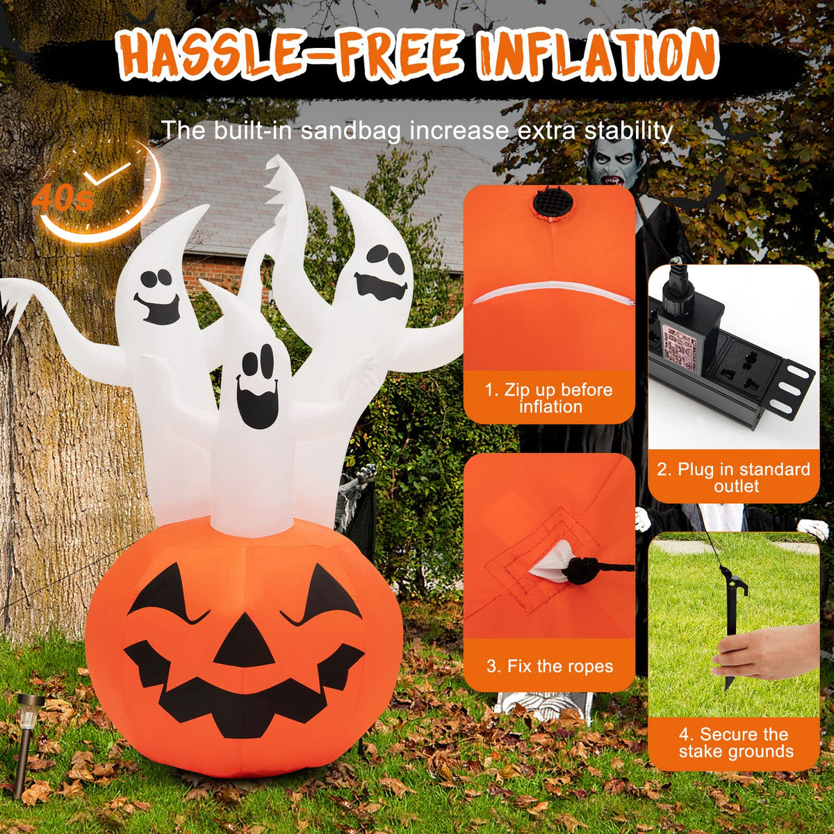 182CM Halloween Blow Up Pumpkin and Ghost Combo with Built-in LED and Blower