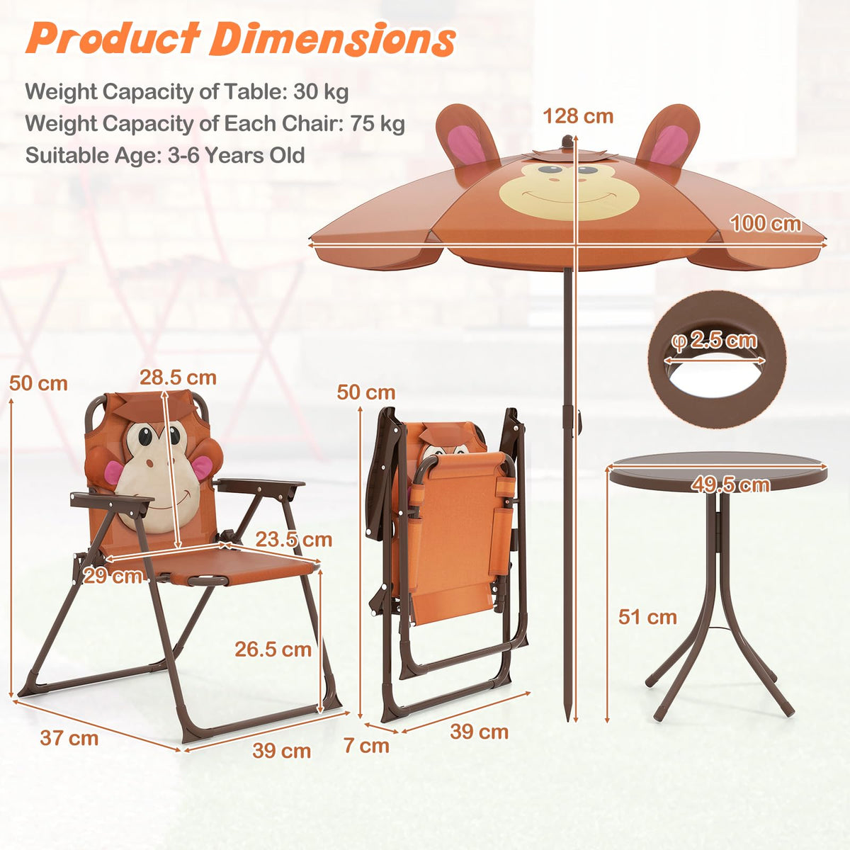 4Pcs Kids Picnic Set, Toddler Outdoor Activity Table w/2 Folding Chairs & a Height Adjustable Umbrella