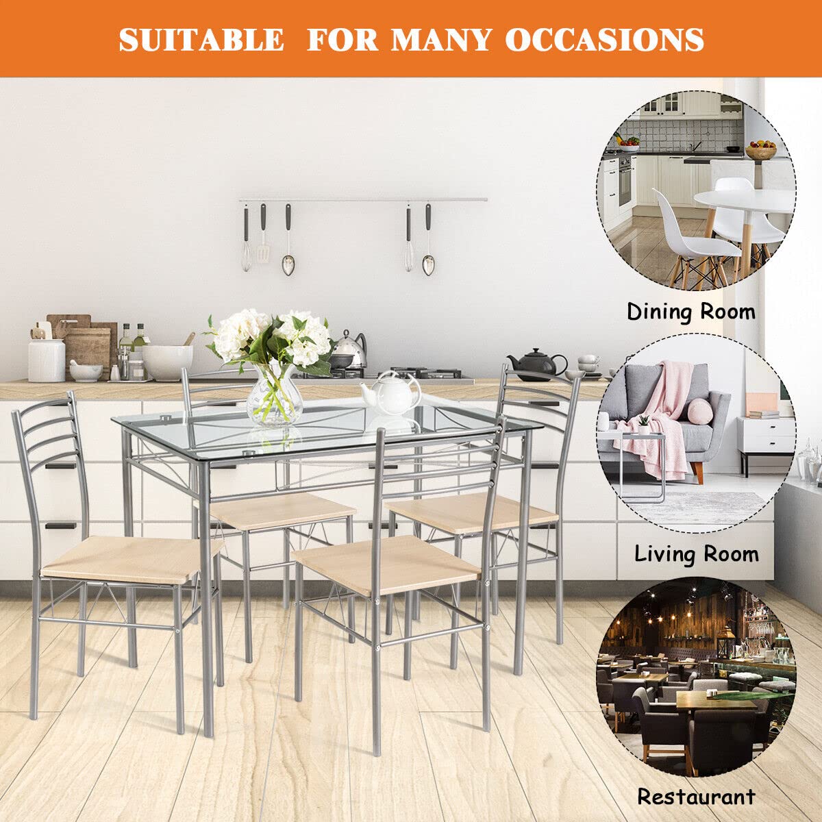 Giantex 5-Piece Kitchen Table Set, Dining Table with 4 High Back Chairs, Rectangular Table and Chairs Set for Dining Room