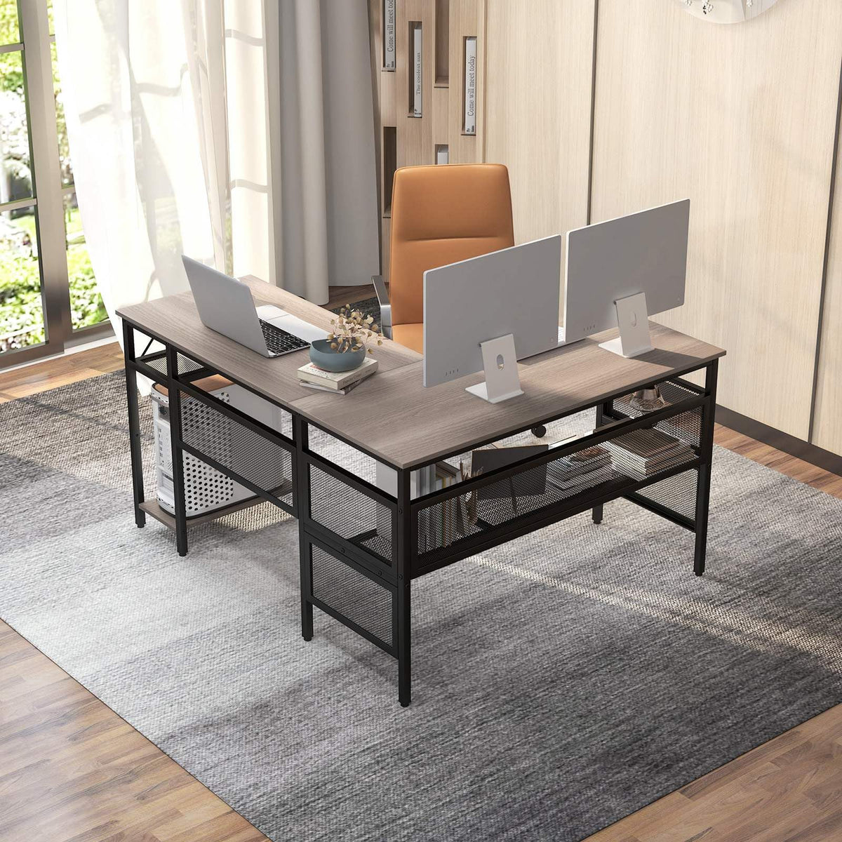 Reversible L-Shaped Computer Desk with Adjustable Shelf and CPU Stand