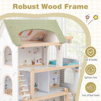 Wooden Dollhouse, 4-Story Kids DIY Pretend Playhouse