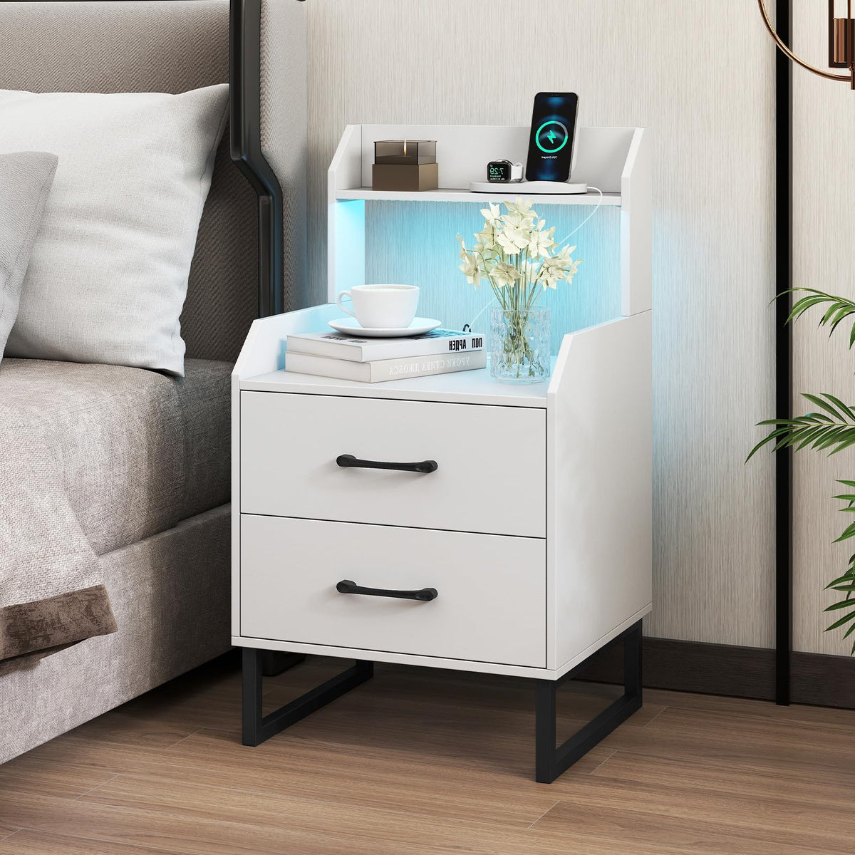 Modern Bedside Table with Built-in Charging Station and LED Lights