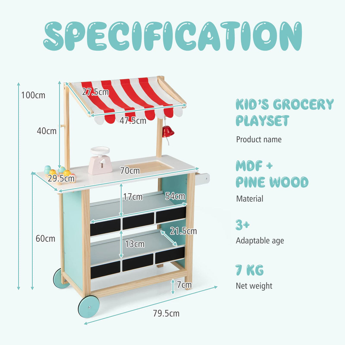 Kids Pretend Play Grocery Store, Wooden Ice Cream Cart Toy Set
