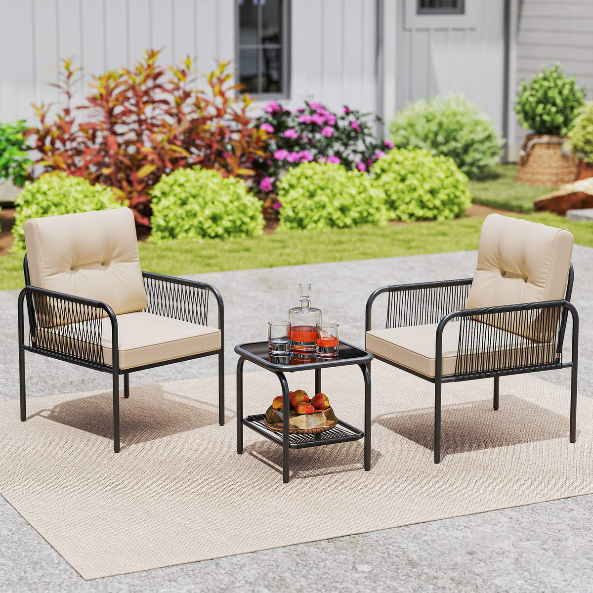 3 Pieces Patio Bistro Set, PE Rattan Furniture Set
