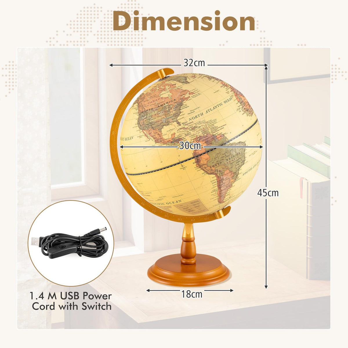 30 cm Illuminated World Globe Light up Globe Night Lamp with Wooden Stand