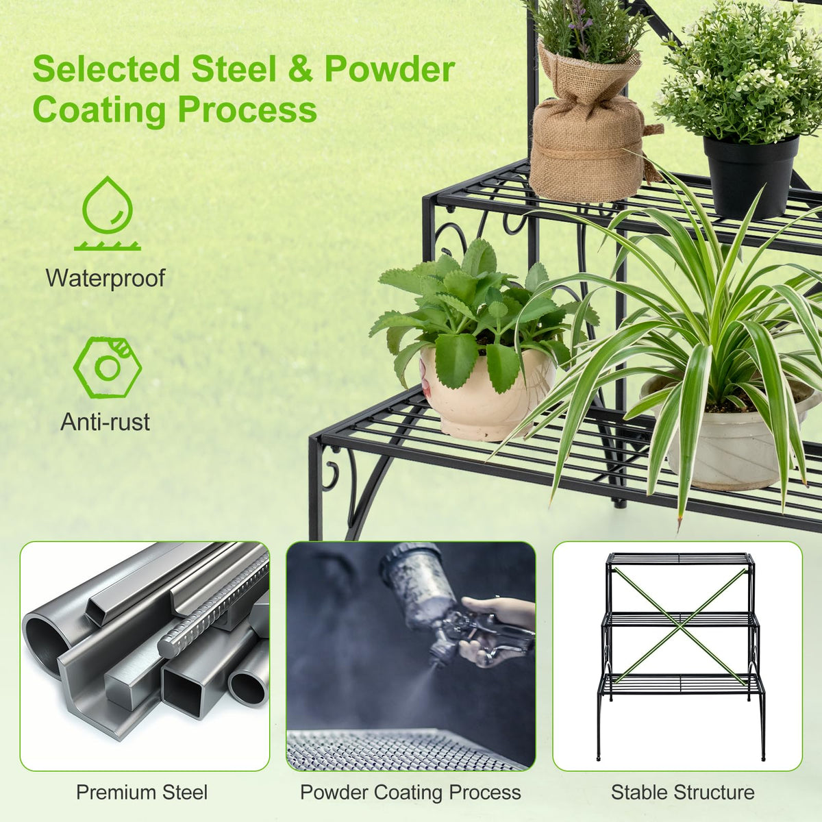 3-Tier Ladder Style Plant Rack with Widened Grid Shelf