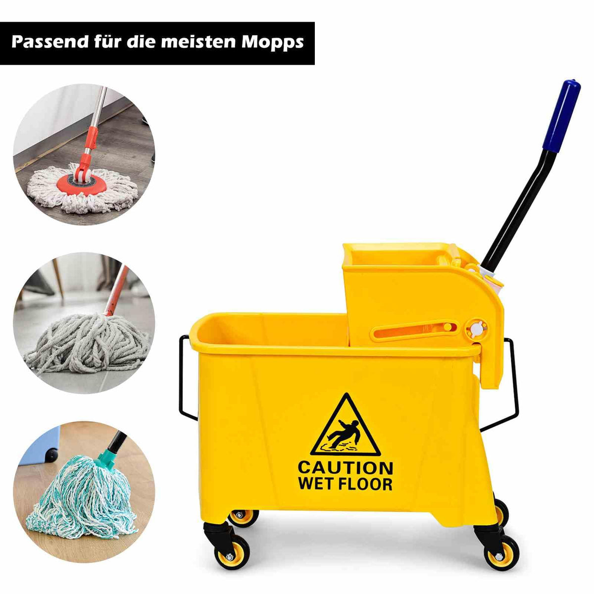 Mop Bucket w/ Down Press Wringer, 20L Commercial Cleaning Bucket w/ Wheels & Carrying Handle