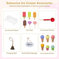 Wooden Ice Cream Cart for Kids, 2-in-1 Grocery Store Playset