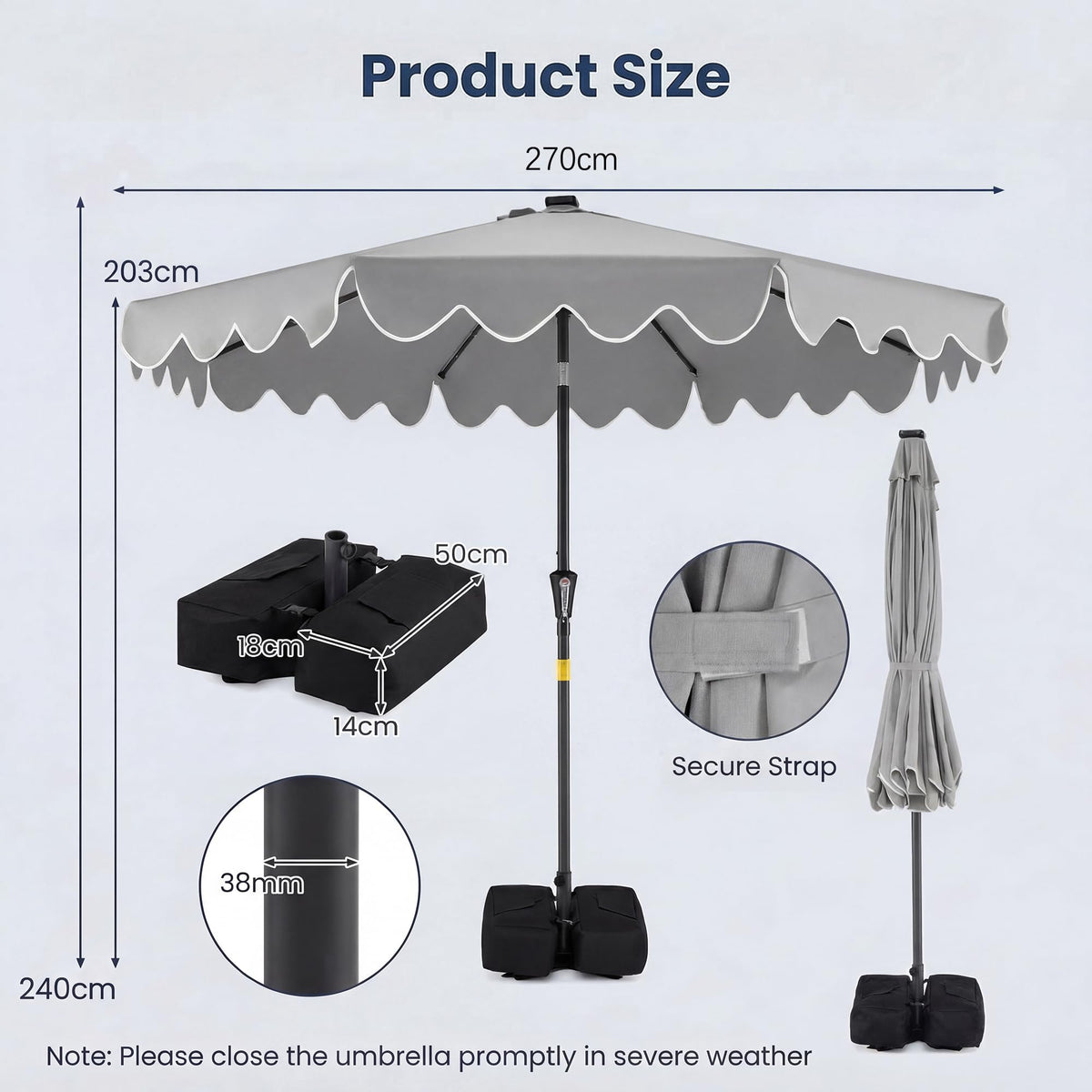 2.7M Patio Umbrella with 32 Solar LED Lights Weighted Base and Sandbags