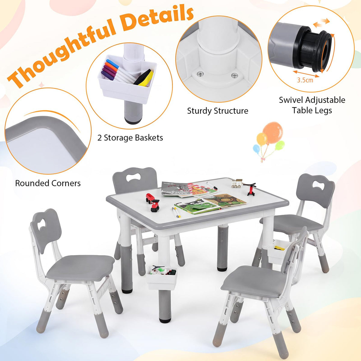 Kids Table and 4 Chairs Set, Height Adjustable Toddler Desk and Chair Set