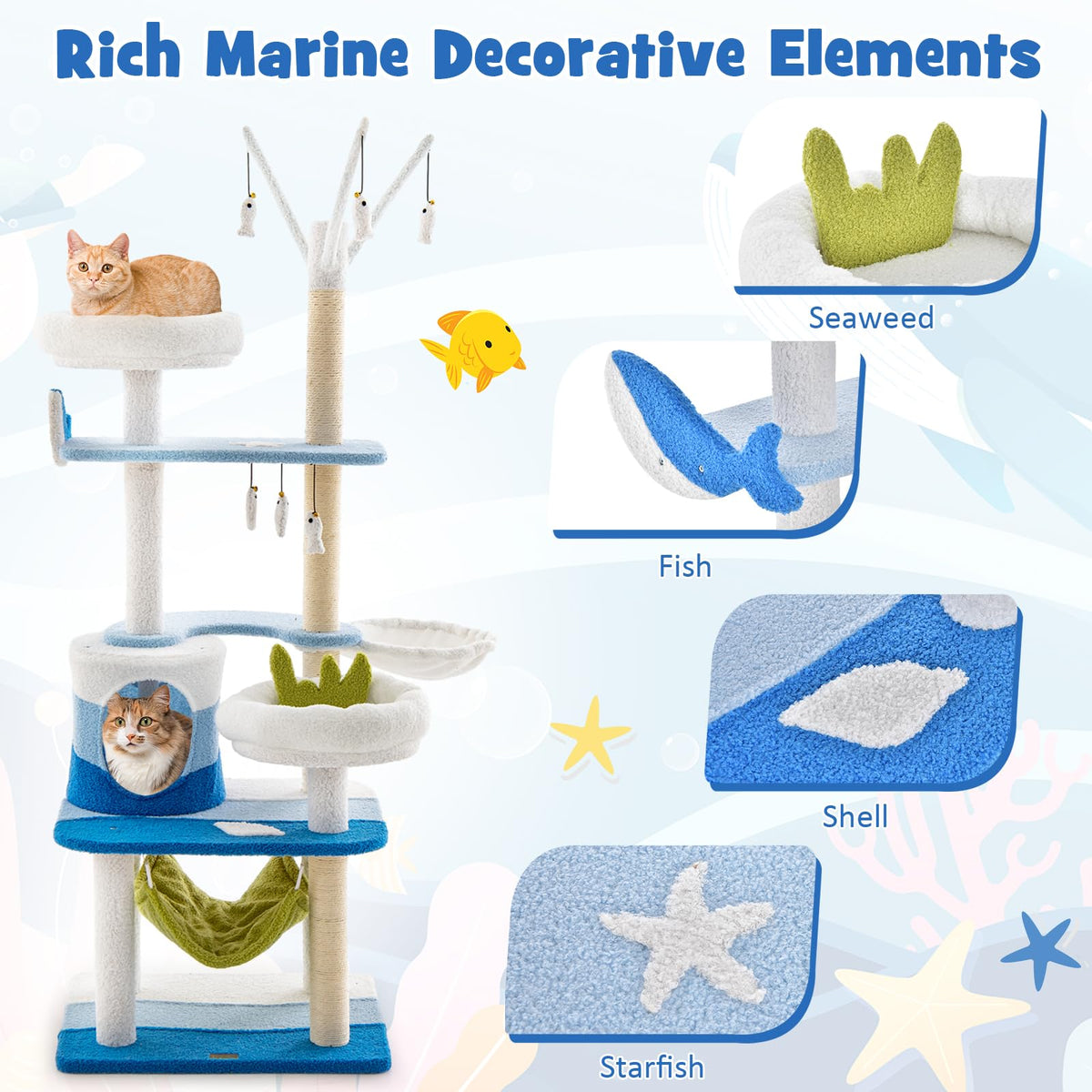 Fish Cat Tree Ocean-Themed Cat Tree, Multi-Level Cat Tower w/Sisal Covered Scratchin ...