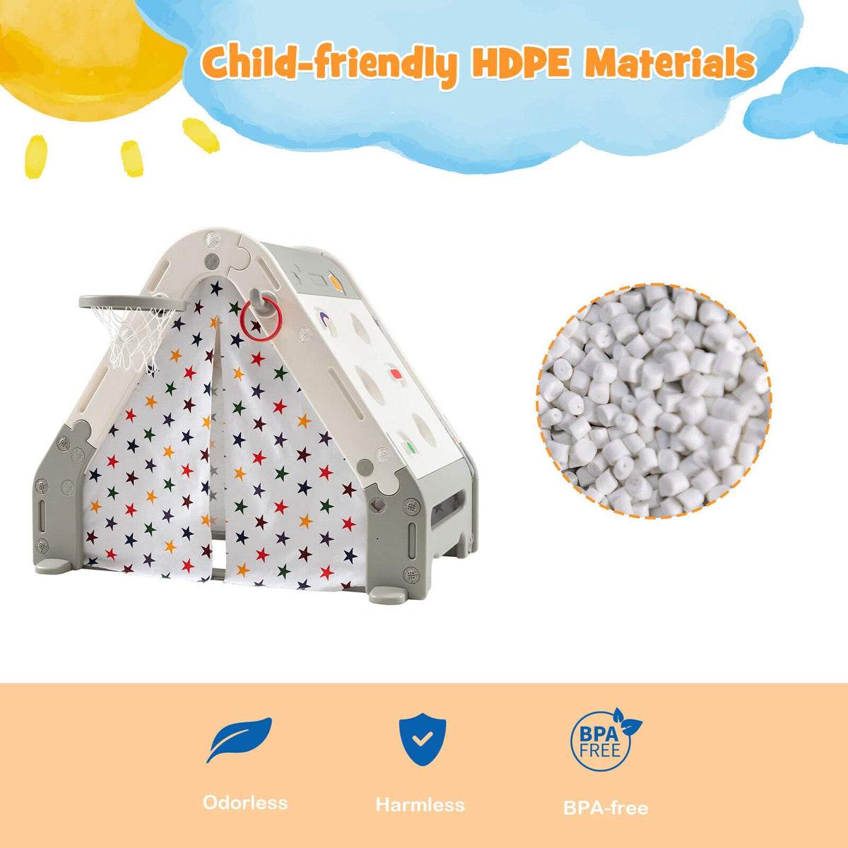 Kid's Triangle Climber with Tent Cover & White Board & Basketball Hoop & Soccer Gate