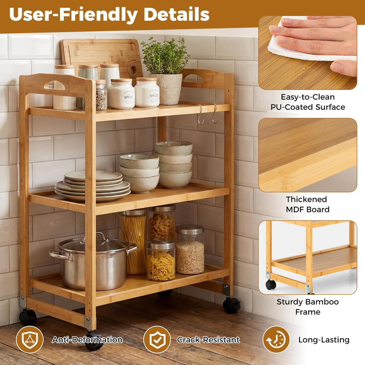 Giantex 3-Tier Storage Rolling Cart, Bamboo Utility Cart