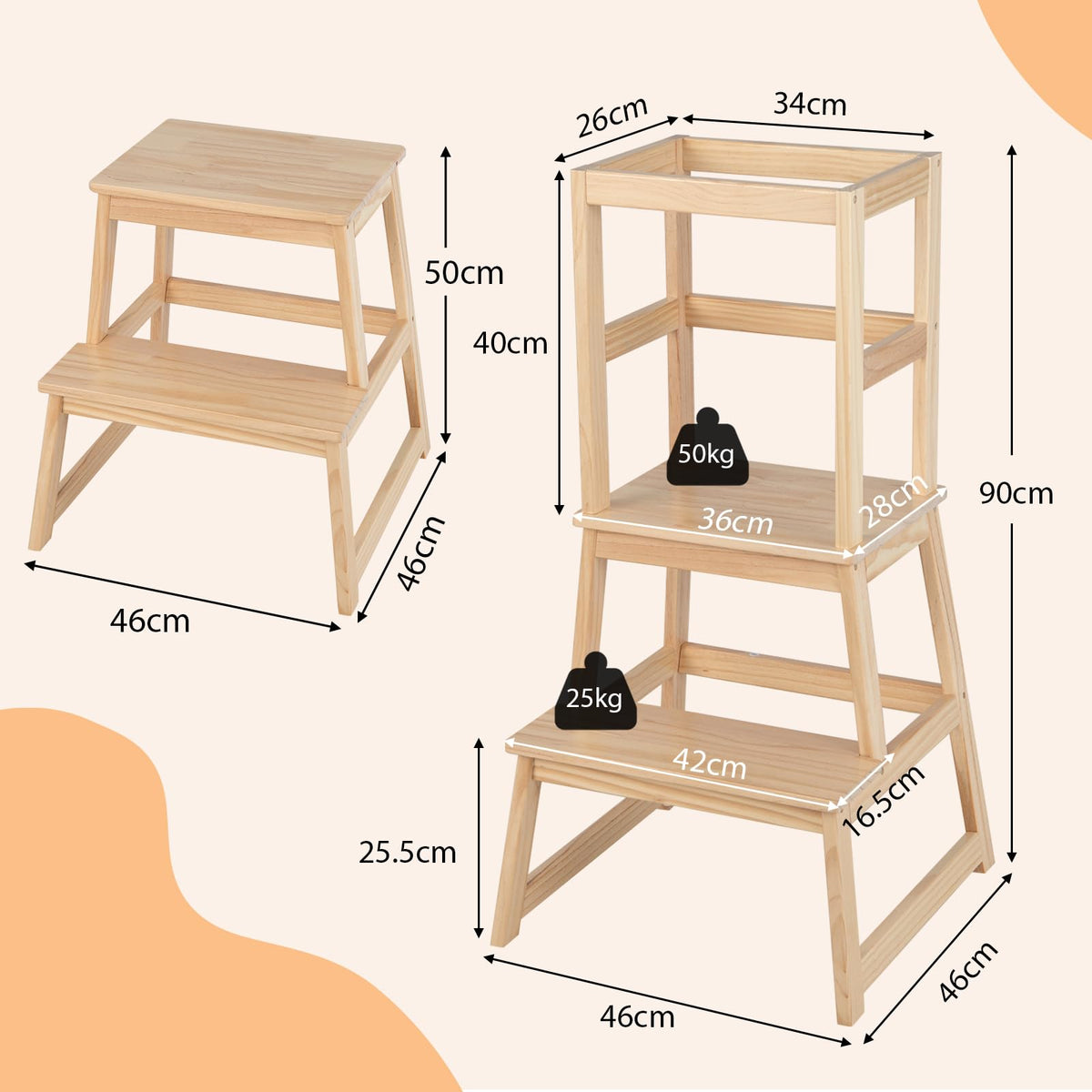2-in-1 Wooden Kids Kitchen Step Stool with Safety Rails