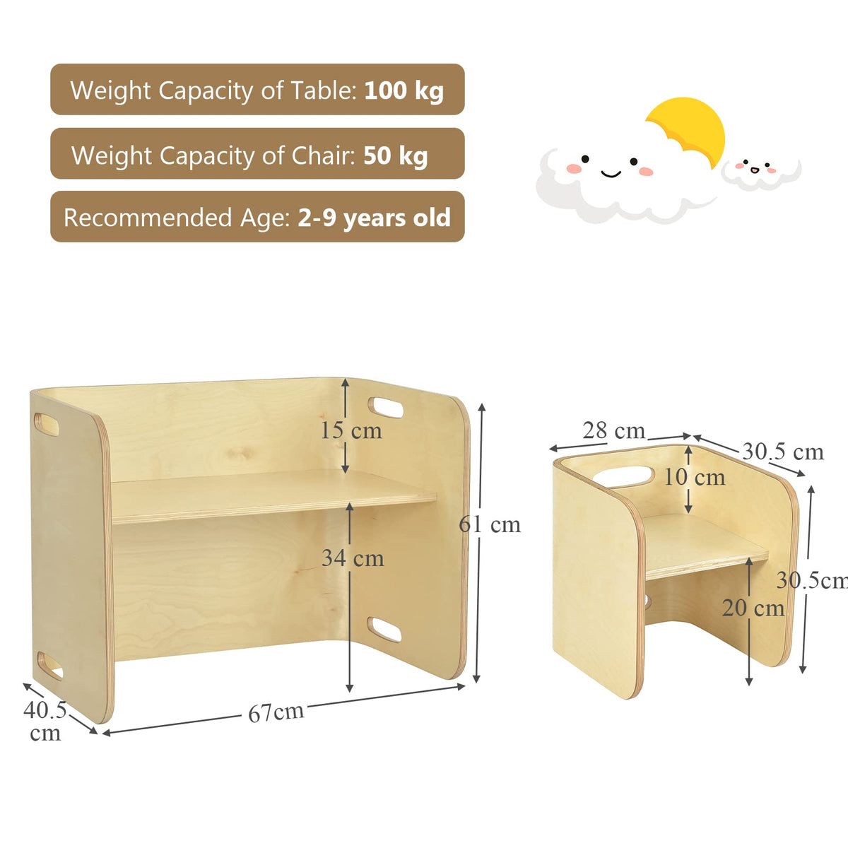 Kids Table and Chair Set, 3 Pieces Wooden Activity Table Bench w/Storage Shelves