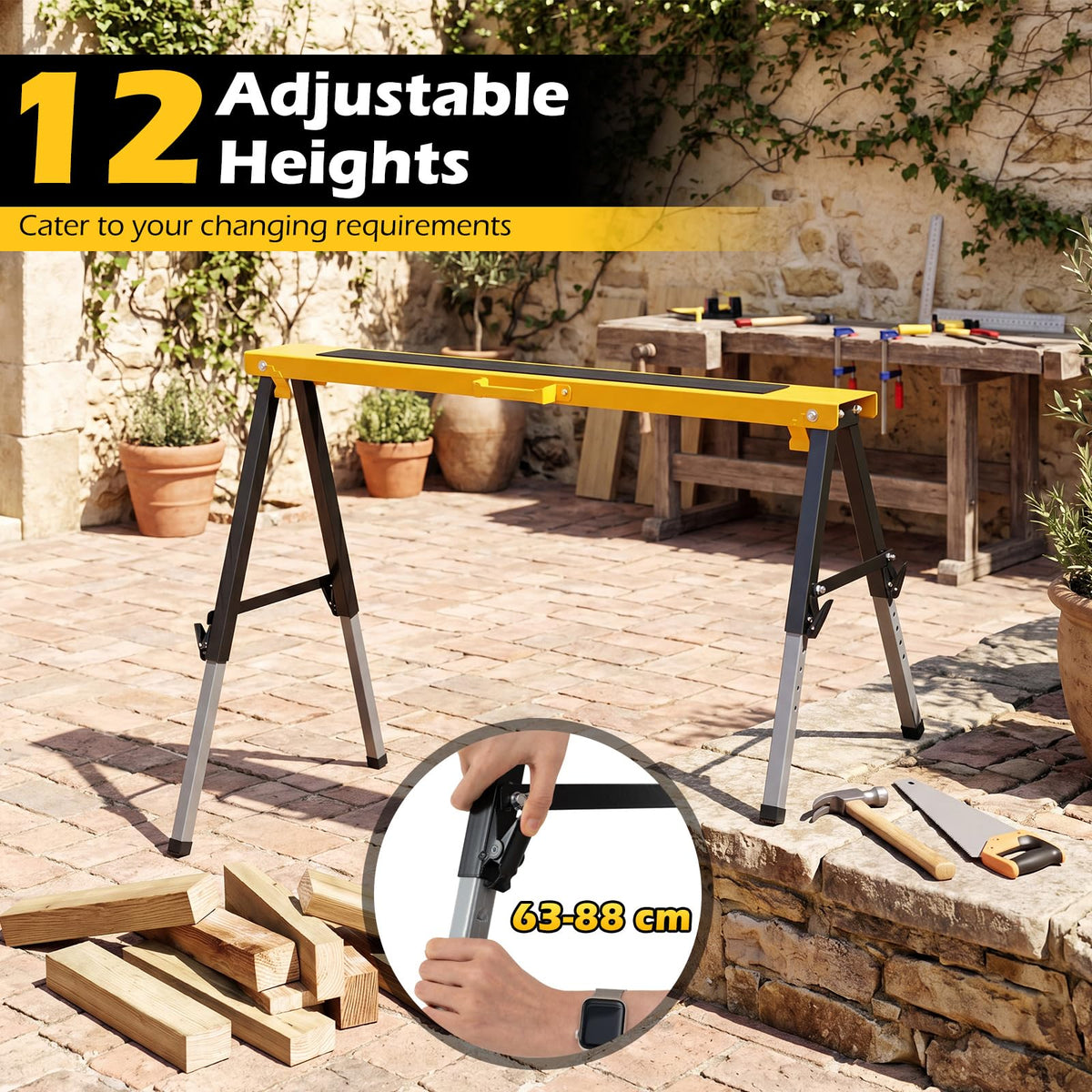 2 Pack Folding Heavy Duty Metal Saw Horses with 12 Adjustable Leg Heights and Carry Handles