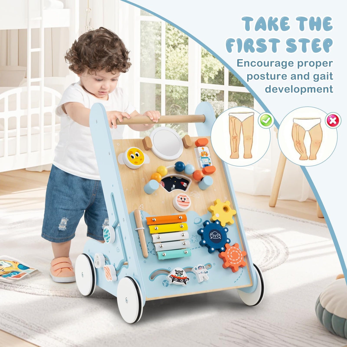 8-in-1 Wooden Baby Walker, Push and Pull Learning Activity Center