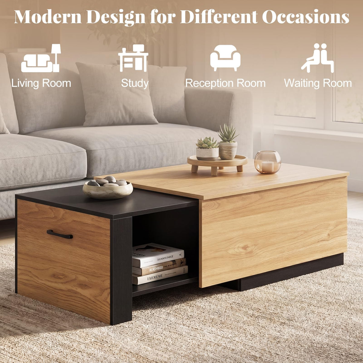 Extendable Coffee Table with 2 Storage Compartments Dual-Tone Center Table