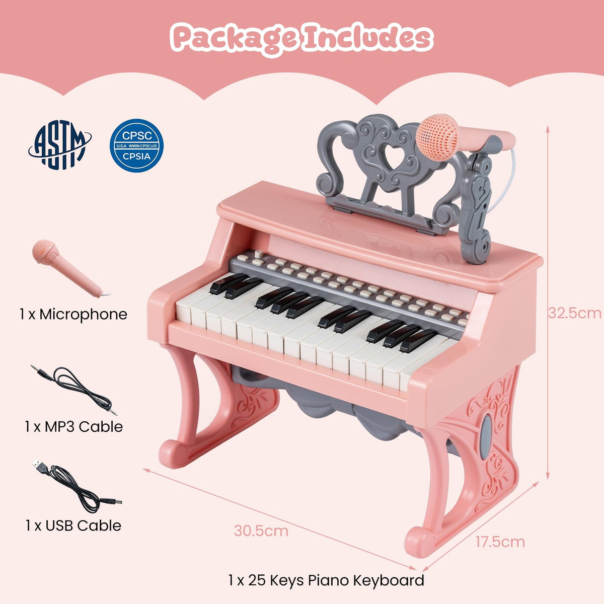 Mini Keyboard Piano for Kids, 25 Keys Electric Piano w/Music Stand & Microphone