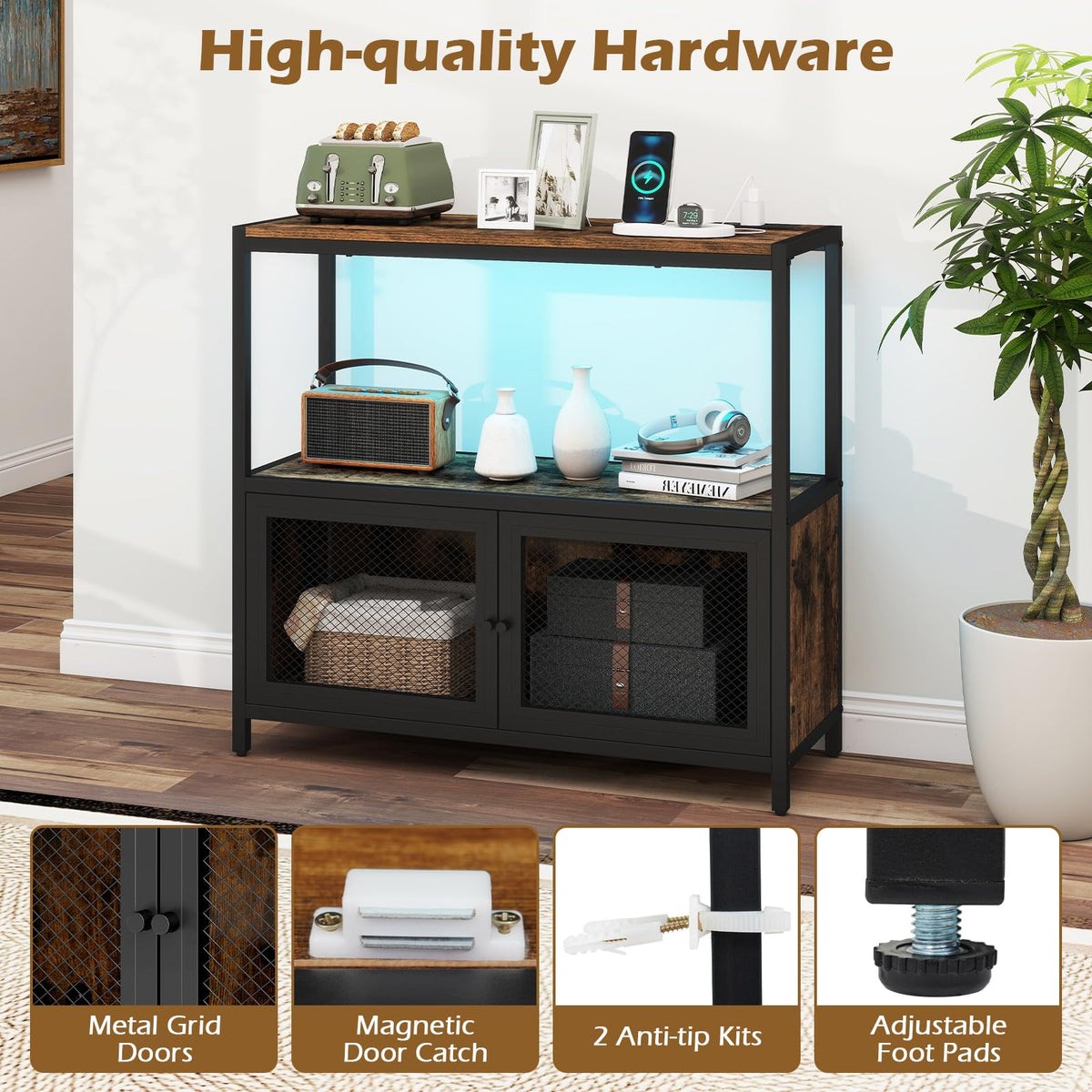 Coffee Bar Cabinet with LED Lights and Charging Station for Kitchen and Dining Room