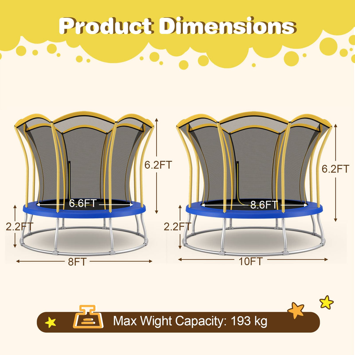 8FT Outdoor Trampoline with Galvanized Steel Frame and Enclosure Net