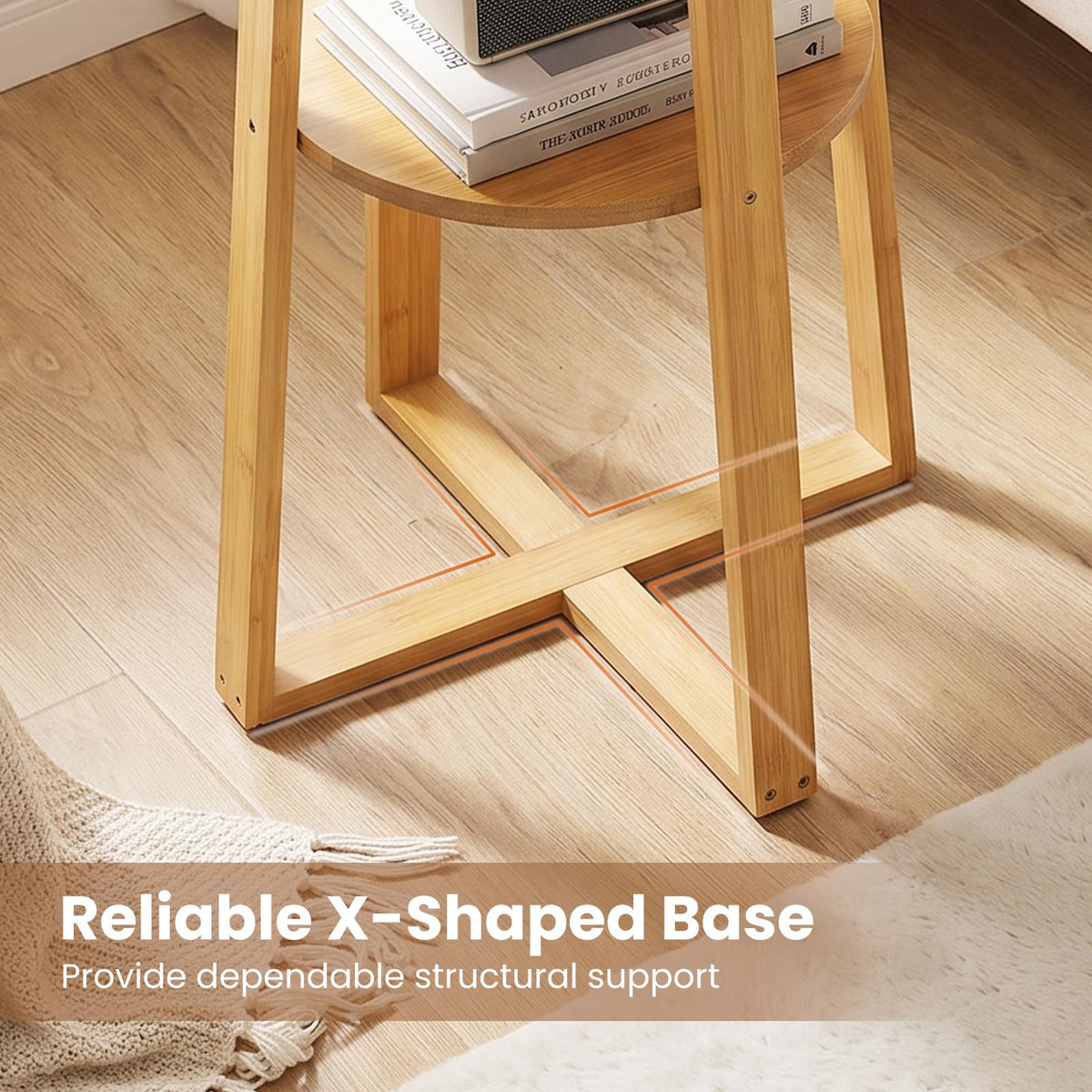 Giantex Round Side Table Set of 2 with Lower Shelf, Solid Bamboo Frame