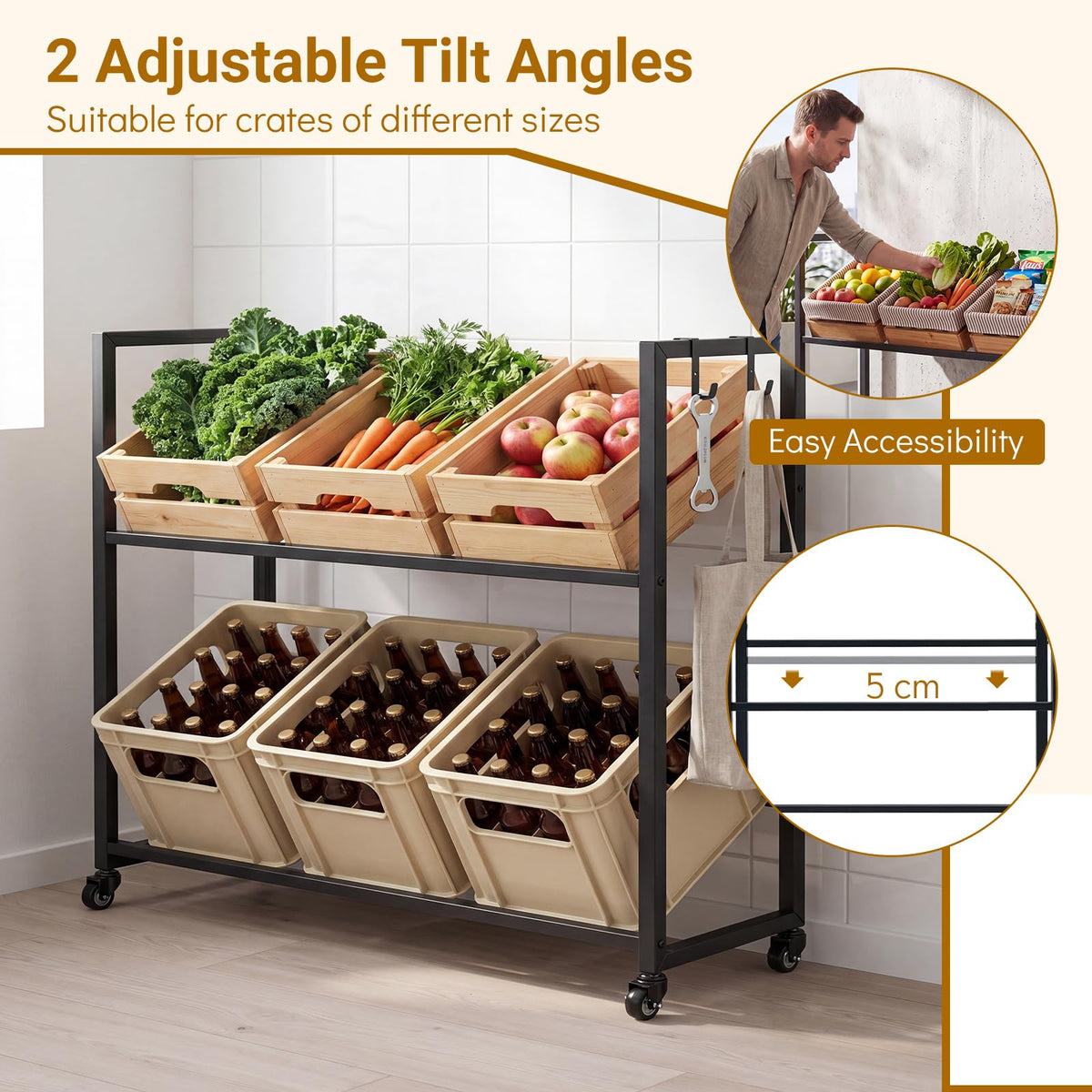 Giantex 2-Tier Drink Crate Rack, Rolling Bottle Crate Shelf with 4 Universal Wheels, 2 Hooks, 2 Tilt Angles for Beer