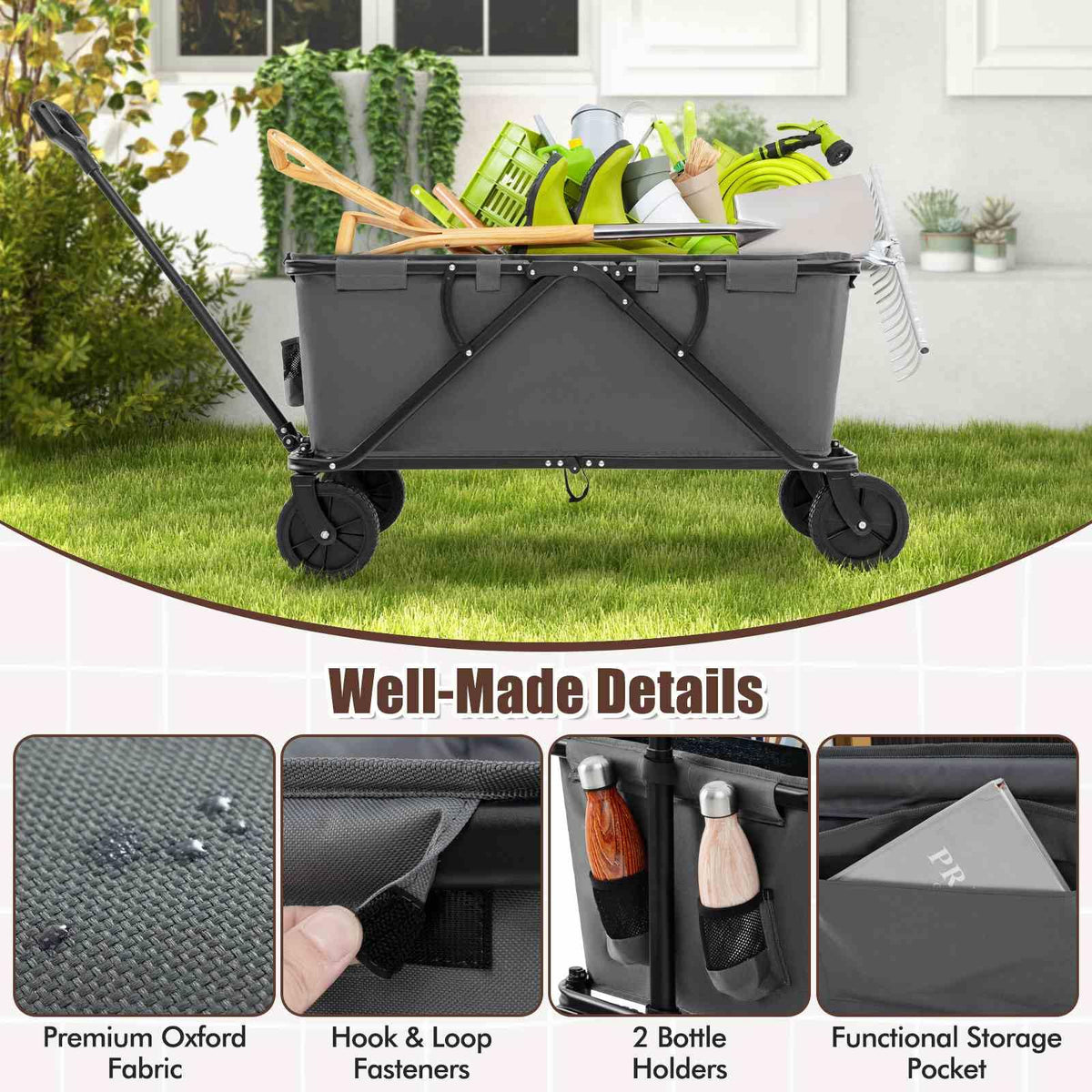 Heavy-Duty Wagon Cart with Adjustable Handlebar and Storage Pocket