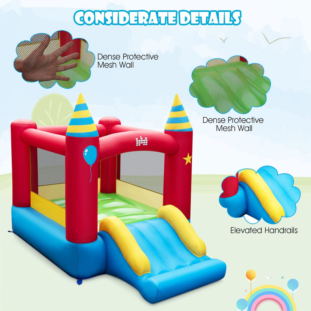 Inflatable Bounce House, Kids Bouncy Castle with Stakes, Carry Bag, Repair Kit, for Boys Girls 3-10 Years (Without Blower)