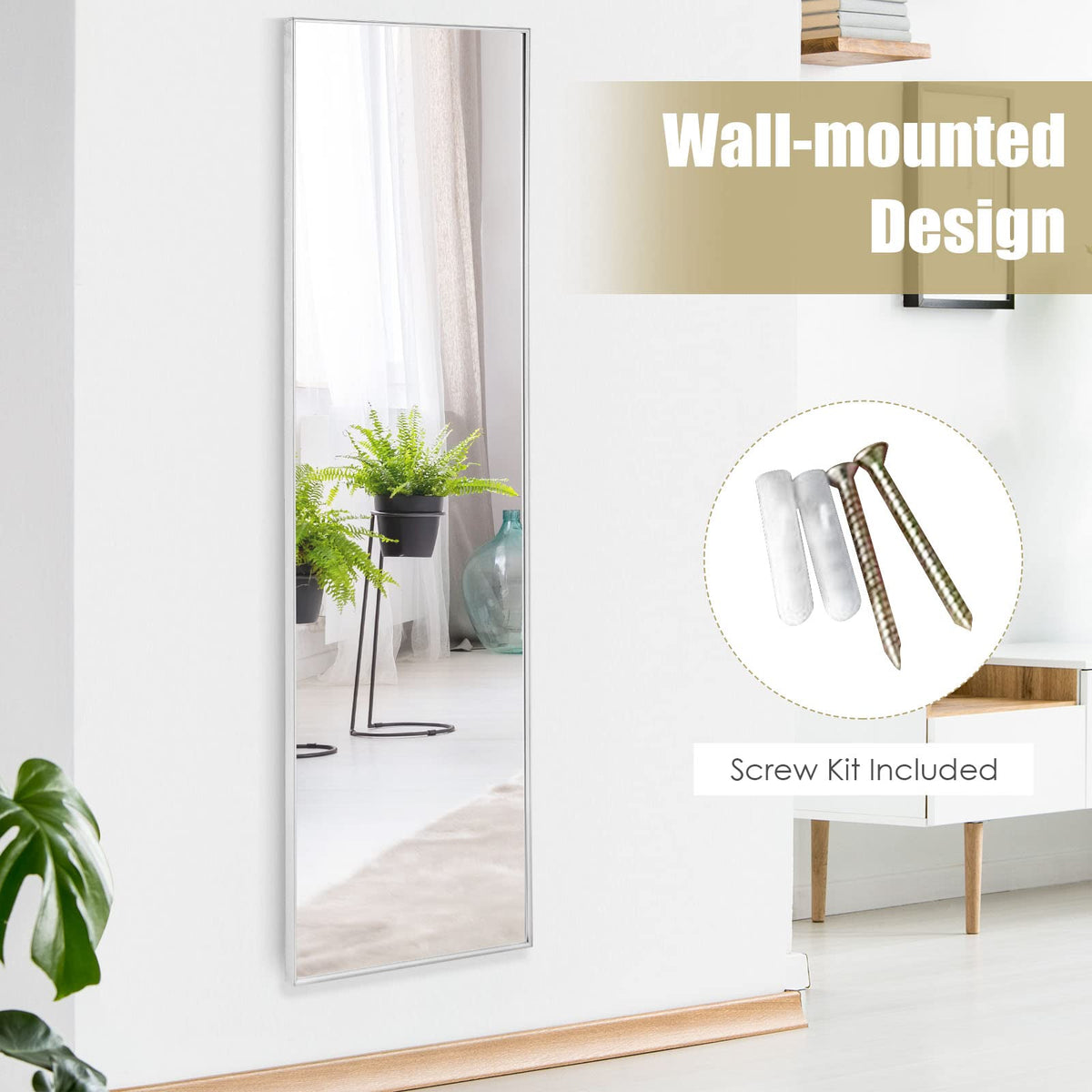 Giantex 120 x 37 cm Over the Door Mirror, Full-Length Mirror with Hooks