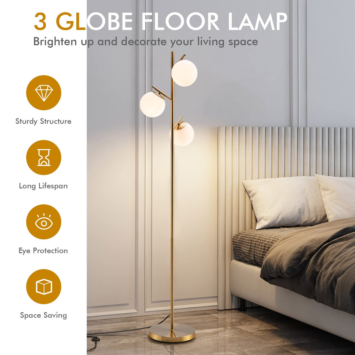 3-Globe Floor Lamp with Foot Switch and Steel Pole for Living Room