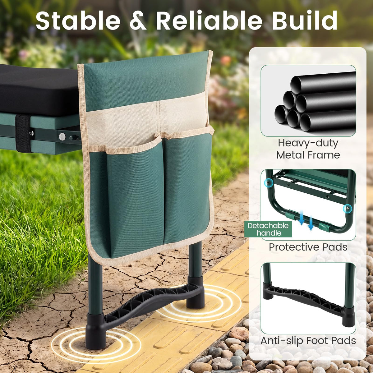 Foldable Garden Kneeler with Wide EVA Padding & Tool Pouch for Gardening