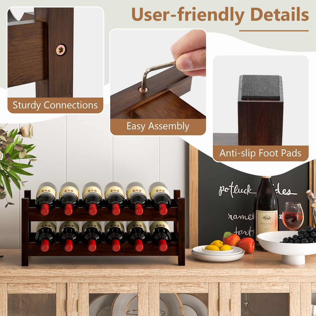 12 Bottle 2-Tier Wine Storage Organizer with Bamboo Holder for Countertop Wine Cellar