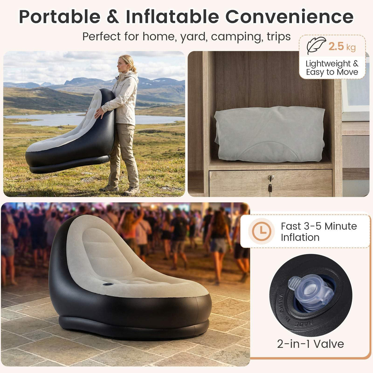 Inflatable Lounge Sofa with Ottoman, Portable Air Sofa for Adults