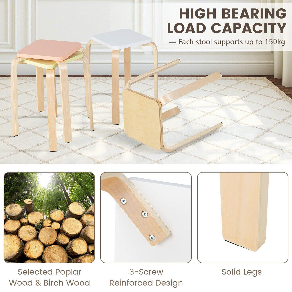 Giantex 4Pcs Colorful Stools, Square Backless Stools w/ Painted Surface & Anti-Slip Felt Mats