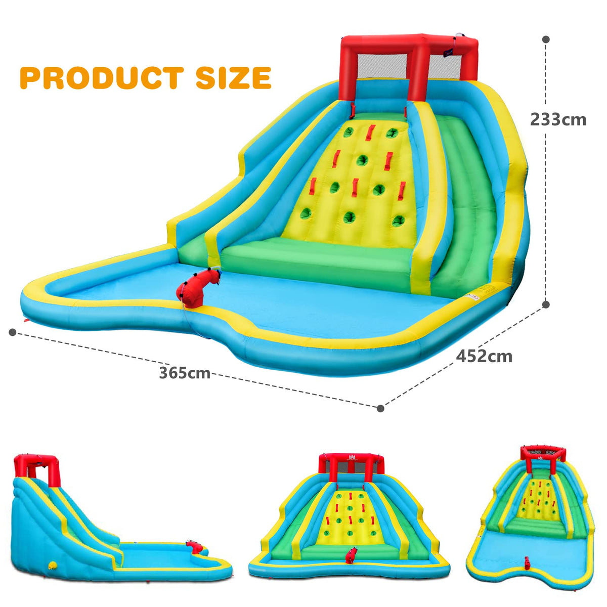 Inflatable Water Slide, 452 x 365 x 233CM Giant Water Park for Kids w/Double Long Slides, Climbing Wall, Splash Pool, Water Cannon