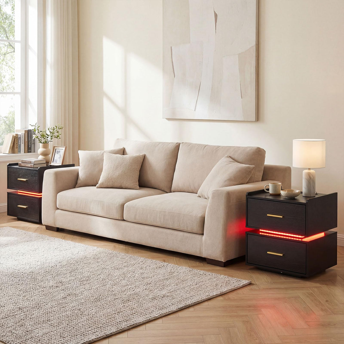 Nightstand with Charging Station, LED Bedside Table with 2 Storage Drawers