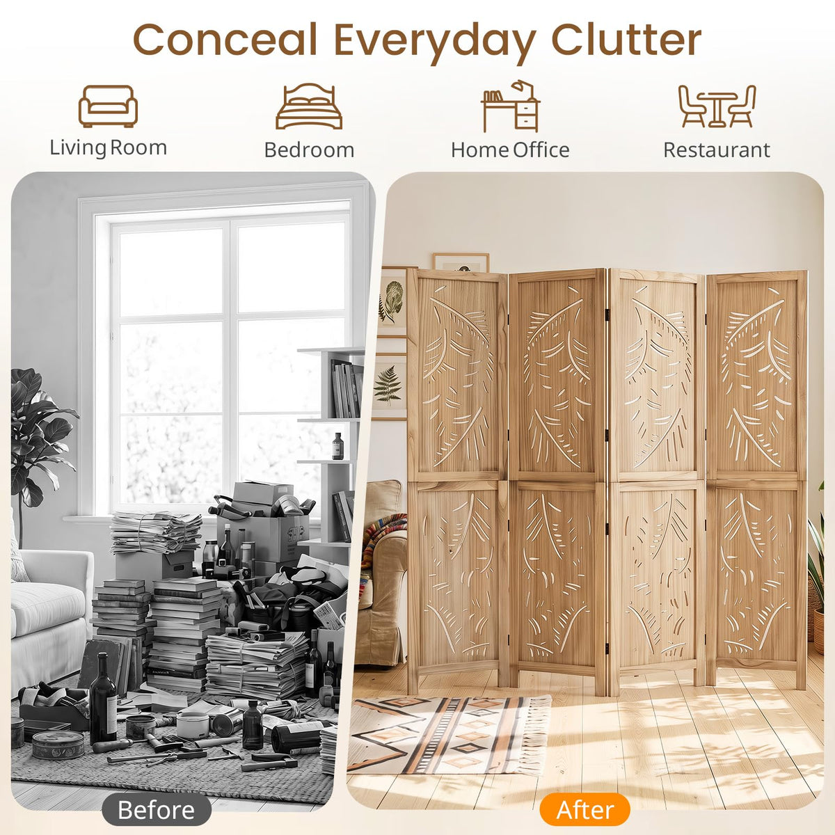 Giantex 4/6-Panel Wooden Room Divider Privacy Screen (4-Panel)