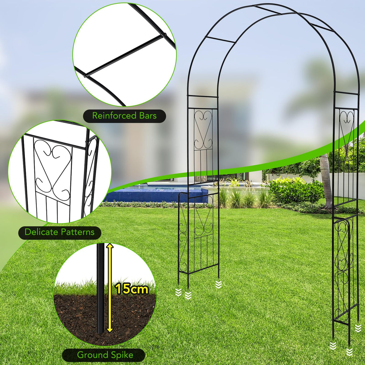 Metal Garden Arch, 240 cm Backdrop Stand for Various Climbing Plants, Assembly Freely Pergola Arbor w/Stable Frame