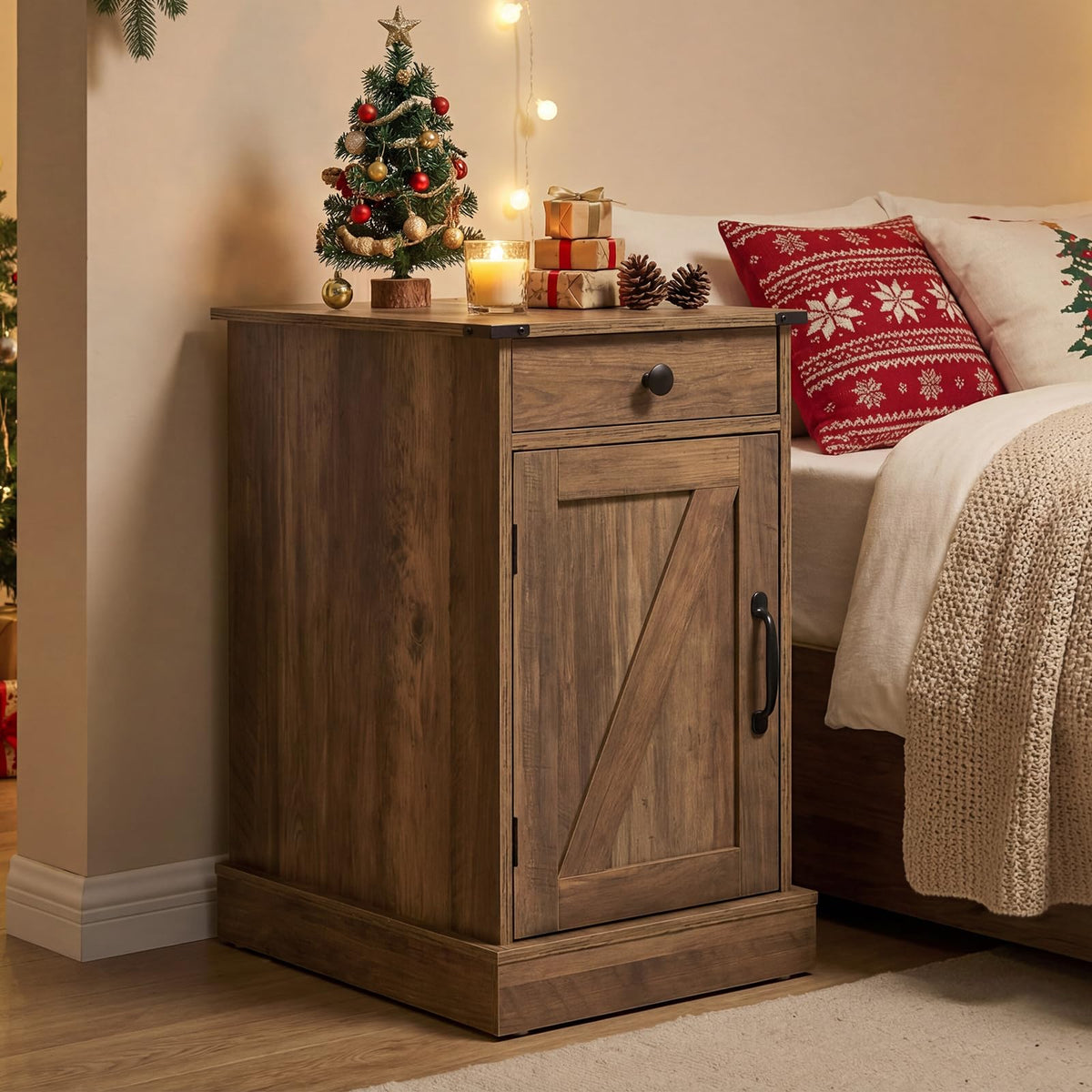 Giantex End Table with Charging Station, Farmhouse Bedside Table w/Storage Drawer