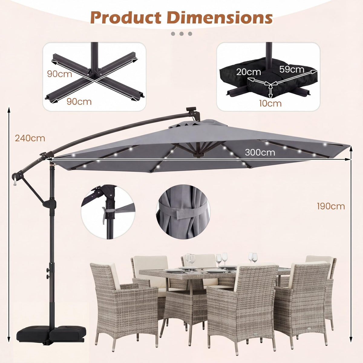 3m Solar Offset Hanging Umbrella with 32 LED Lights and 360° Rotation