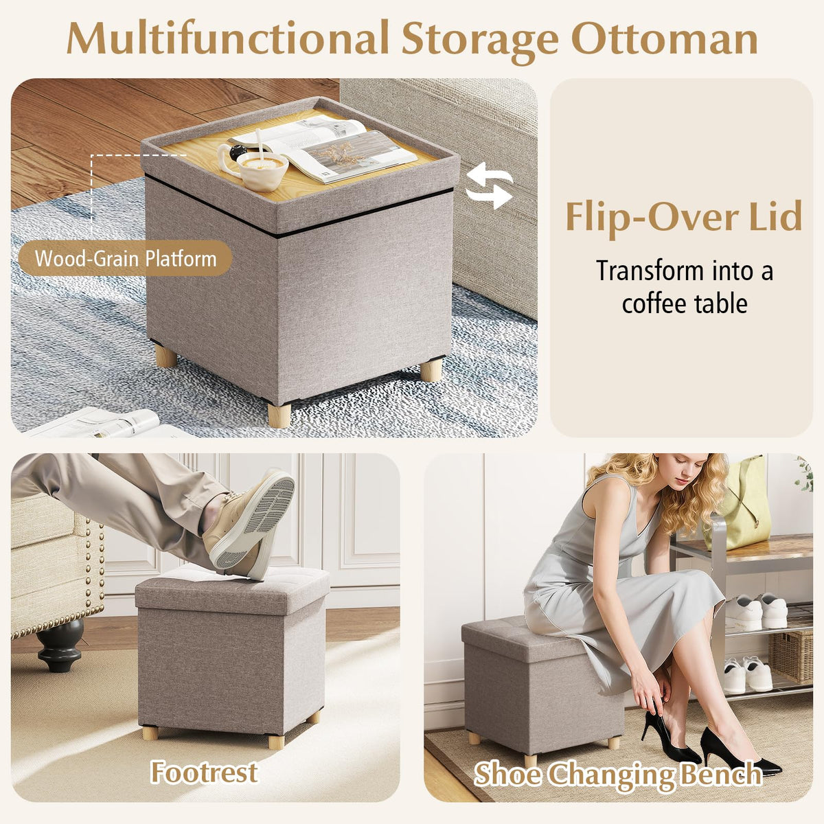 45cm Ottoman with Storage Linen Fabric Footstool