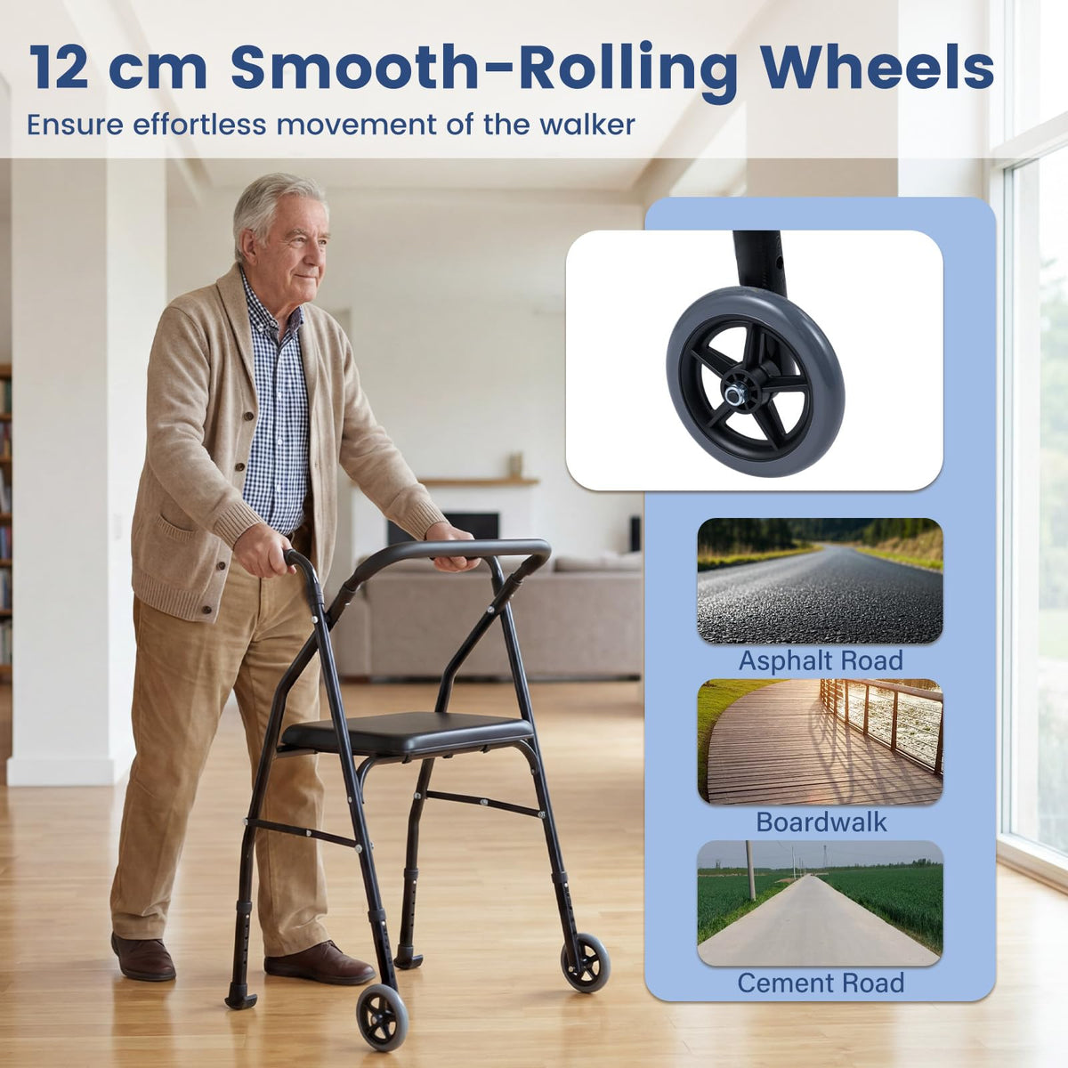 Folding Walker Lightweight Aluminum with 2 Wheels and Padded Seat for Seniors